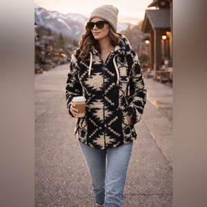 Billabong Sherpa Fleece Hoodie Aztec Print Zip Jacket Small